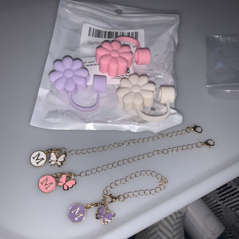 6pc Stanley Tumbler Accessories Set Flower Straw Cover Butterfly Initial M Charm